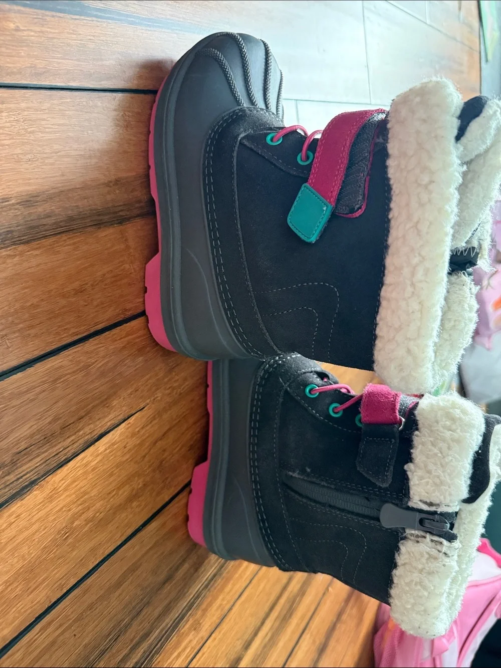 Kids Winter Boot with Pink Accent - Faux Fur Lined
